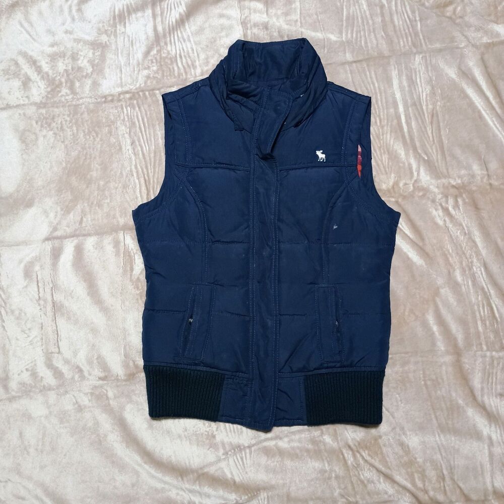 Abercrombie Womens L Puffer Vest Full Zip Navy Blue Plaid Lined Ribbed Trim
